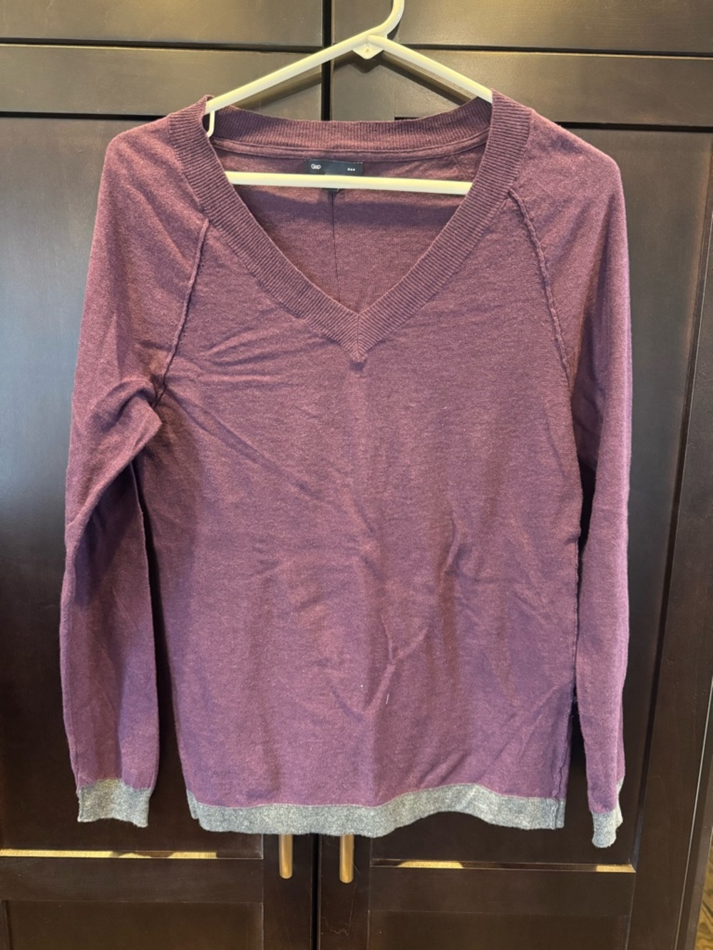 GAP Factory Plum V-Neck Sweater with Gray Accent